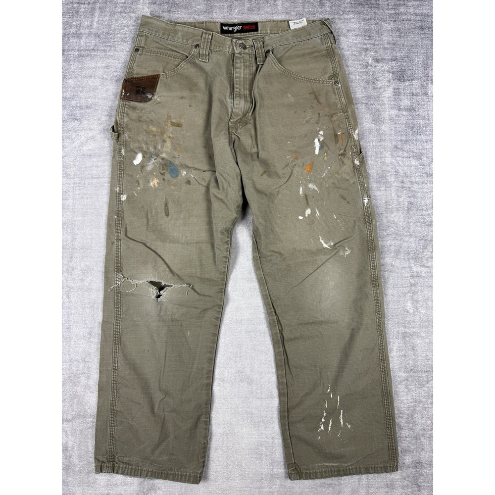 Wrangler Riggs Pants Mens 34x30 Green Carpenter Canvas Ripstop Distressed Grunge